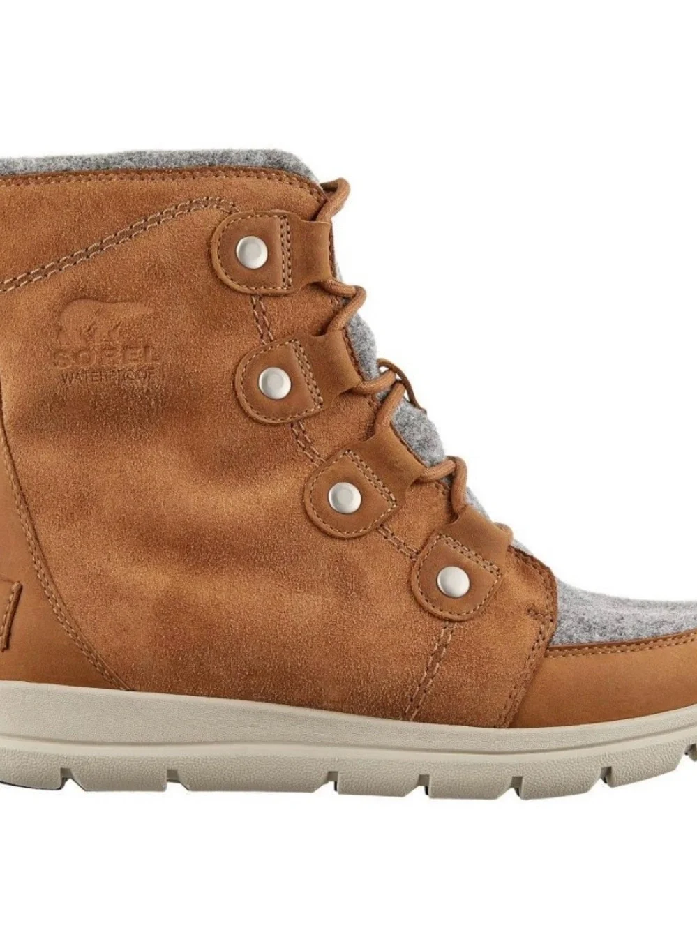 Sorel Joan tan leather gray felt ankle boot